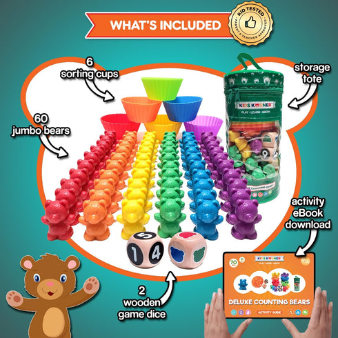 Counting Set 60 2 Deluxe & Sorting Bears Game - Montessori Fine Motor Learning Jumbo Toys with Stacking Cups, Preschool