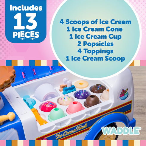 WADDLE Ice Cream Toy Truck for Kids - Ride On Playset with Scoops, Toppings, and Popsicles for Toddlers 1-3