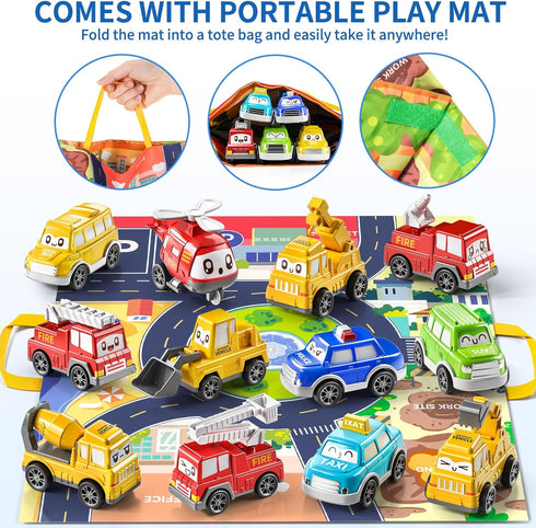 TEMI Toddler Pull Back Car Toys, 12 Pieces Baby Toy Cars with Play Mat/Storage Bag, Gifts for 1-3 Year Olds