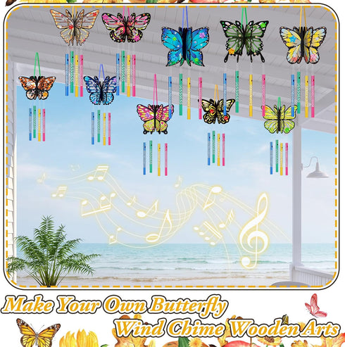 GlikCeil 30 Pack Summer Butterfly Wind Chime Making Kit Spring Make Your Own Wooden DIY Butterfly Wind Chime Arts