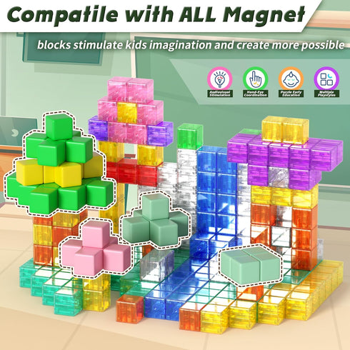 Set, 3+ Magnetic Blocks Building Toys - Transparent Rainbow Magnetic Cubes Outdoor Sensory Autism STEM Toys Gifts
