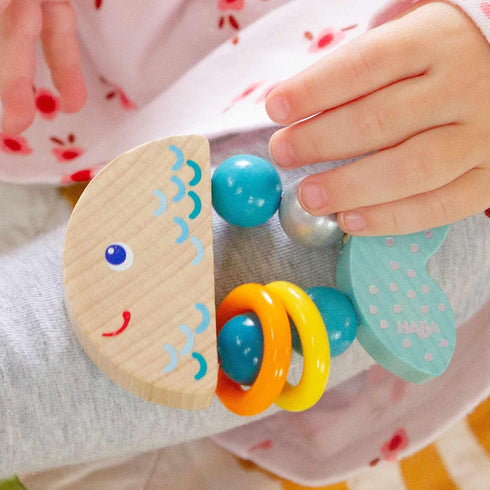 HABA Rattlefish Wooden Baby Rattle and Teething Toy, Teething Toys for 6-12 Months, Made in Germany