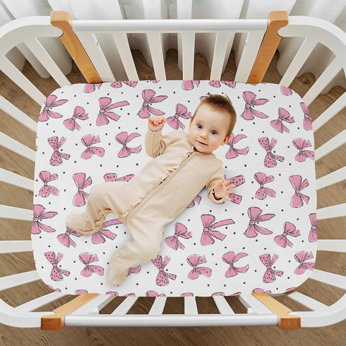 Vdsrup 39 27 5In Crib Sheets for Boys Girl Pink Bows Polka Dots Neutral Mini Crib Mattress Sheets Fitted, Toddler Baby