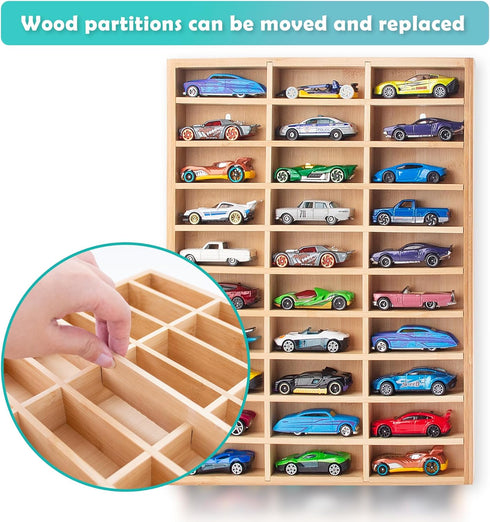 KISLANE Stylish Bamboo Wood Toy Cars Display Case with Removable Shelves for 30-Slot Wall-Mountable Organizer