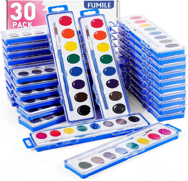 FUMILE 30 Pack Watercolor Paint Set, 8 Colors Washable Valentines Water Color