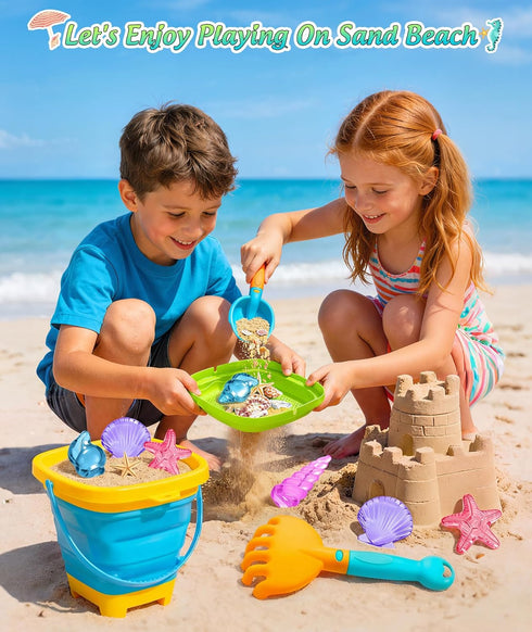Set DUDUCOFU Collapsible Beach Sand Toys for Kids Toddlers, Collapsible Sand Buckets Sifter and Shovels Rake Diving Gem
