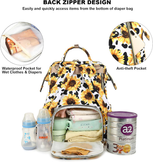 Mimfutu Backpack Cow Print Sunflower Diaper Bag for Baby Girls Boys, Large Capacity Multifunction Waterproof Maternity