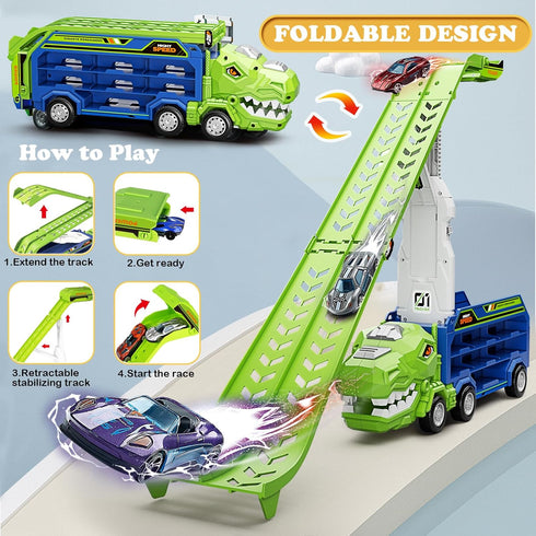 3, 4, 5, 6, 7, 8 6 Dinosaur Truck Car Toys for Years Old Kids, Carrier Truck Race Track Toys, Foldable Transport Car
