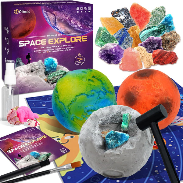 PIBEX Gemstone Dig Kit, 3-IN-1 Solar System Excavating Set, 15 Genuine Rocks & Minerals, STEM Project Toy Gift for Kids