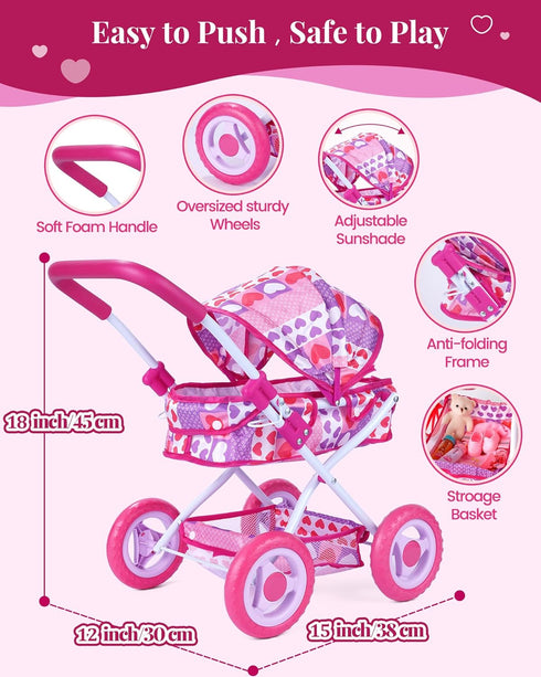 Set 1012 Inch 10-Piece 18-Inch BABESIDE Baby Doll Stroller for Dolls Only, Doll Stroller with Feeding & Care