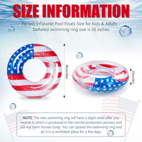 Zhanmai Patriotic Inflatable Pool Float Tube - USA Flag Design Water Swimming Ring for Kids, 36 Inch (2 Pieces)