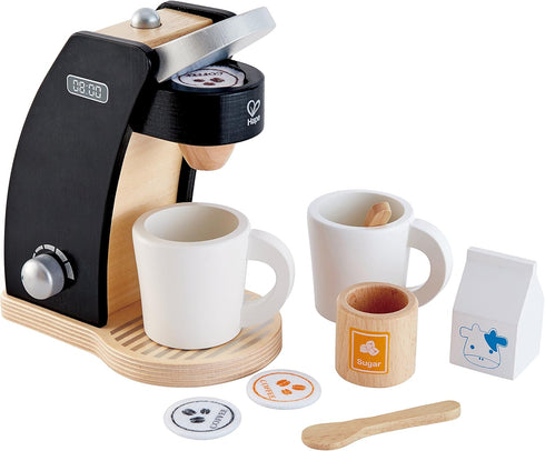Hape Wooden Black Coffee Maker Kitchen Set with Accessories| Pretend Play Toy