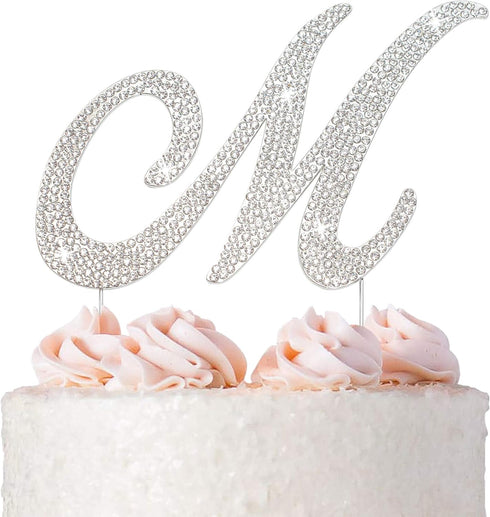 Letter M Cake Topper - Premium Silver Metal M Monogram Wedding or Anniversary Party Decoration, Sparkly Rhinestone