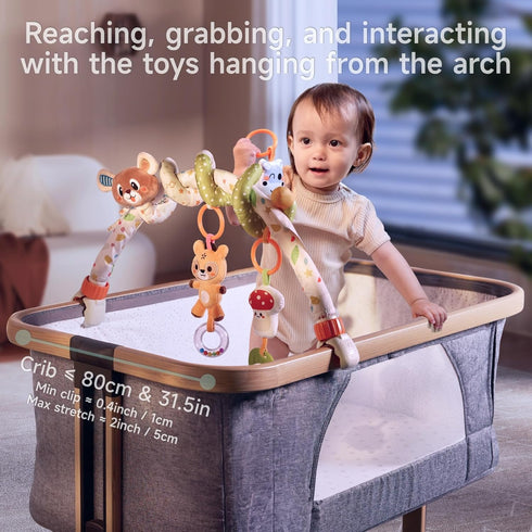0-3 3-6 TUMAMA Baby Activity Arch with Bear Spiral Toy, Clips Adjustable and Detachable Sensory Stimulating Hanging