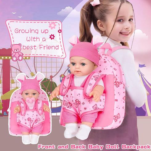 12" Backpack Box,12 Inch 3+ Baby Doll With Bear Pattern Carrier In Gift Realistic Baby Dolls With Clothes