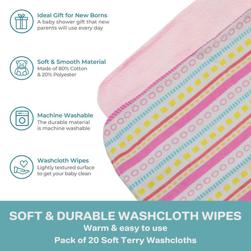 Spasilk Washcloth Wipes Set for Newborn Boys & Girls, Soft Terry Washcloth Set, Pack of 20, Pink Lines