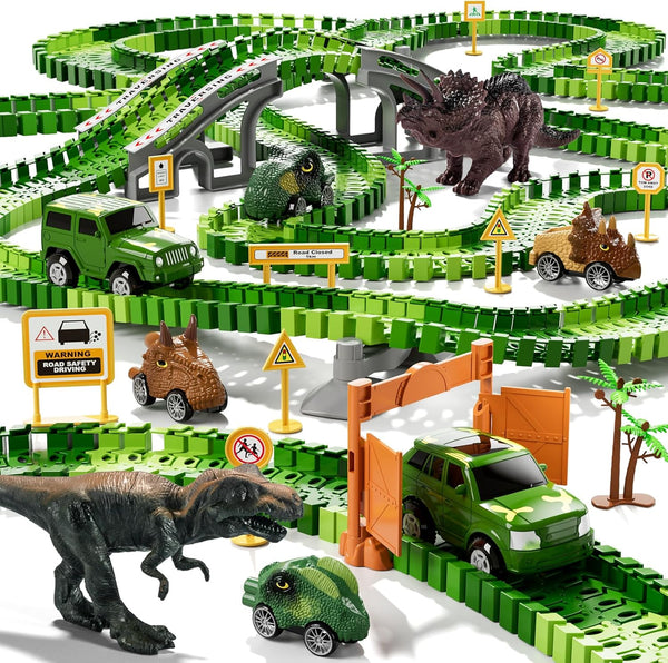 iHaHa 169 PCS Dinosaur Race Car Track Toys for Kids Ages 1-7 with Light, Sound & Spray, Birthday Gifts for Boys