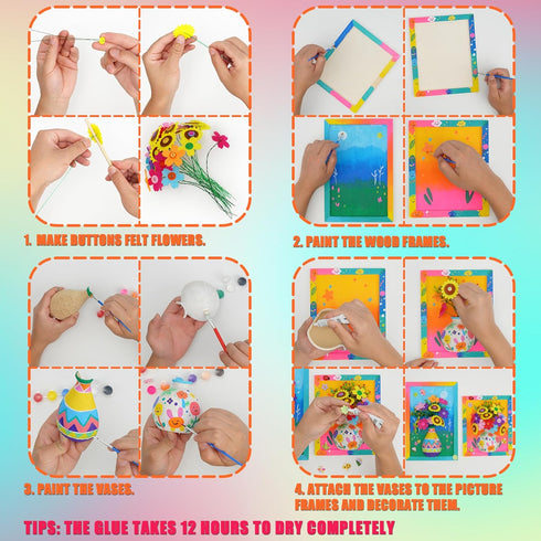 FTBox 3D 6 7 8 9 10 11 12 Crafts Gift for Girls, DIY Felt Flowers Wooden Vase Picture Frame Painting Kit, Arts