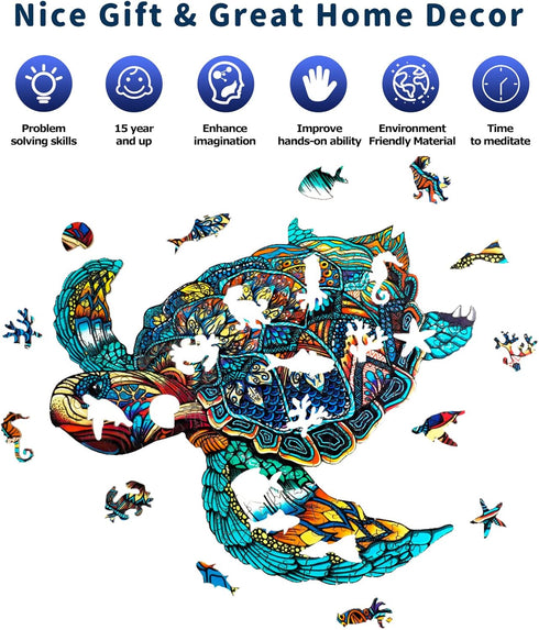 Wooden Puzzles for Adults, Sea Turtle Jigsaw Puzzles, Unique Animal Shape Wood Cut Puzzles for Turtle Lovers