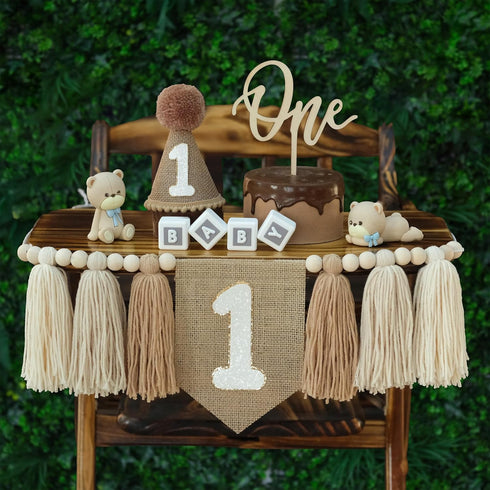 1st Boho Nude Birthday Highchair Wood Bead Tassel Garland Conical Cap Wooden Cake Topper For Boys