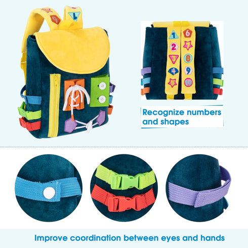 Busy Board - Toddler Backpack with Buckles and Learning Activity Toys for Developing Fine Motor Skills