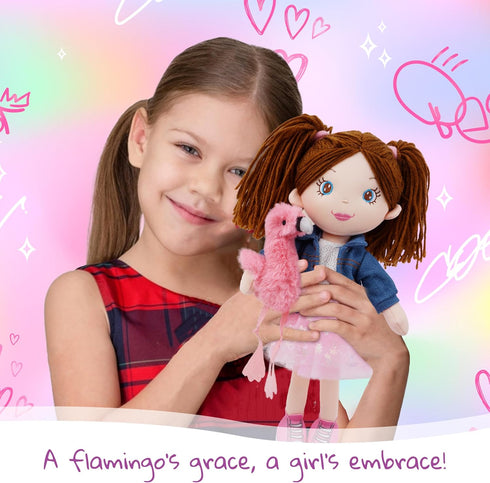 15" 1 June Garden Playmate Buddies - Plush Doll Mia with Her Stuffed Animal Companion Flamingo Rosie for Kids Year