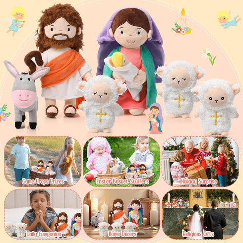 HyDren 6 Pcs Christian Religious Plush Doll Set, 11 Inch Jesus Plush with Virgin Mary, Donkey, Lambs, Stuffed Jesus