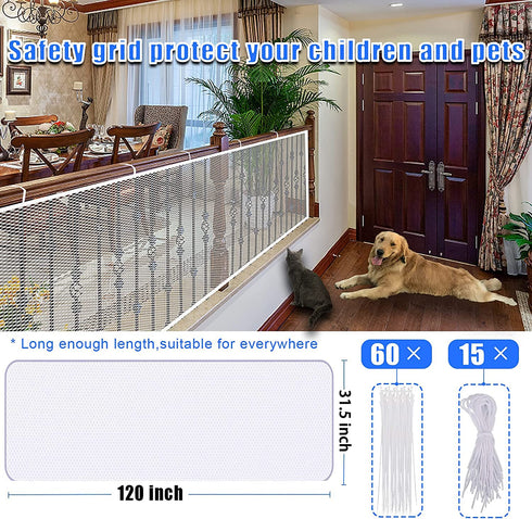 JIFTOK Baby Gate for Stairs, 10ft L x 2.66ft H, Mesh Netting Safety Net for Kids, Pets, Indoor & Outdoor (White)