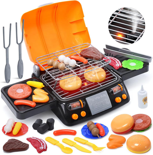 CUTE STONE Cooking Toy BBQ Set, 2-Layer Kids Grill Playset with Play Food and Kitchen Accessories for Toddlers