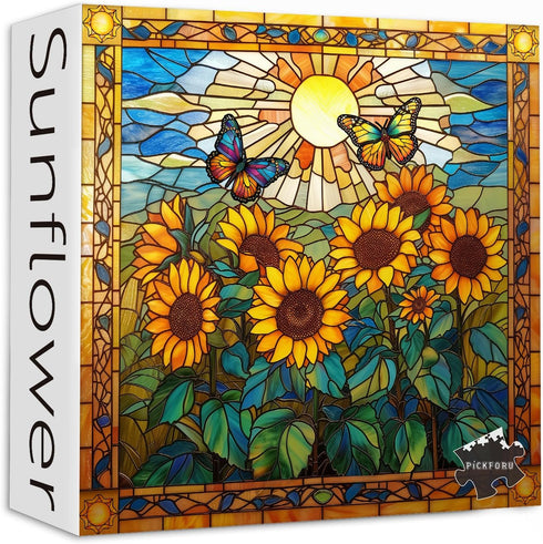 PICKFORU Stained Glass 1000 Piece Puzzles for Adults, Sunflowers and Butterfly Flower Home Decor