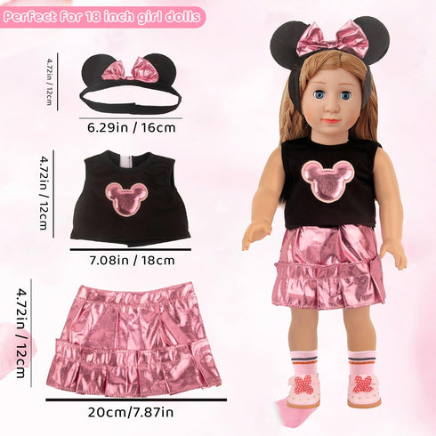 Minne Themed Cosplay Kit for 18 Inch Girl Dolls, Doll Accessories for American Dolls, Including Pink Hairband, Doll Dress, Pearl Necklace, Shoes Socks and Glasses, Total of 9 pcs