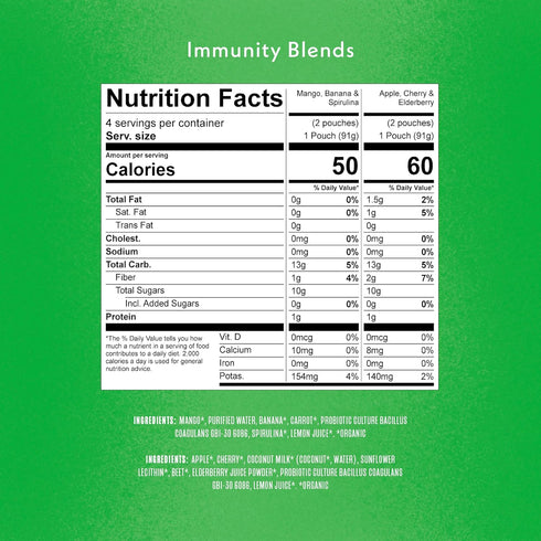 Immunity Multipack, 4-3.2oz Once Upon a Farm Organic Blend Mango, Banana & Spirulina and Apple, Cherry & Elderberry