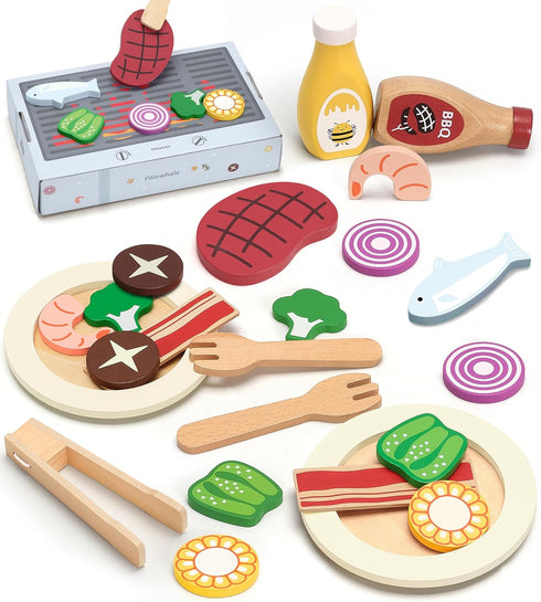 Pillowhale Wooden Pretend Play Food Set for Kids Kitchen, 24 Pcs Play