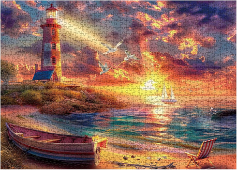 Beach Ocean Lighthouse Puzzle for Adults 1000 Pieces Nature, Summer Sunset Landscape Jigsaw Puzzle, Sailboat Scenery Puzzle