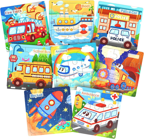 Zeoddler Wooden Puzzles for Toddlers, 8 Pack Vehicle Jigsaw Puzzles for Kids3-5,