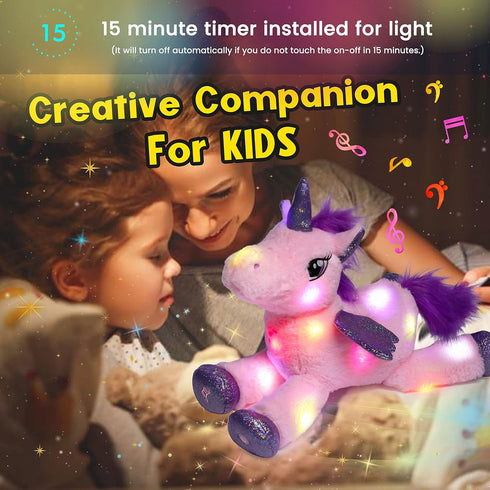 16'' Hopearl LED Musical Stuffed Unicorn Light up Singing Plush Toy Adjustable Volume Lullaby Animated Soothe Birthday