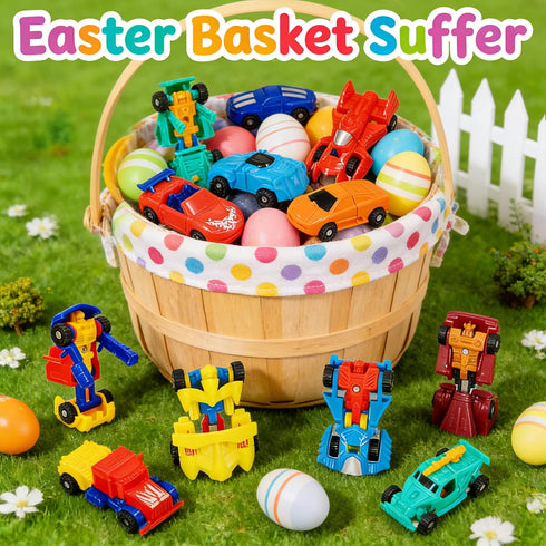 28 Pack 14 Easter Basket Stuffers, Transforming Car Robot Toys Easter Gifts for Kids Classroom Exchange Style Mini