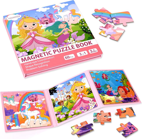 Magnetic Puzzles for Kids 3-5, 3-in-1 Princess Unicorn Mermaid Travel Puzzles for