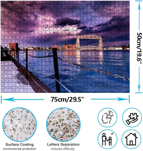 Duluth MN Lift Bridge at Dusk - 1000 Piece Jigsaw Puzzle Game - Colorful Large Artwork for Adults, Teens