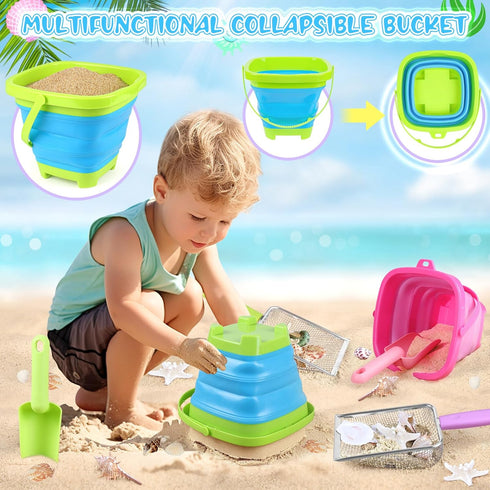 FHOZGECY 2 2 Beach Toys, Sand Toys with Collapsible Bucket, Beach Mesh Shovel, Sand Shovel, Shark Tooth Sifter and Mesh