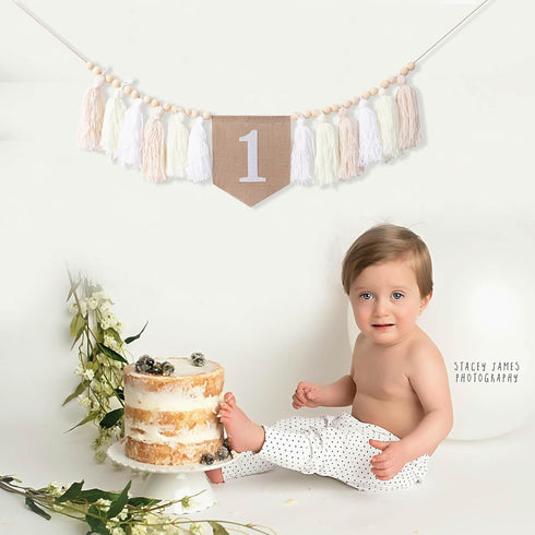 1st Birthday High Chair Banner - White Tassel Theme Banner For Girl - First Birthday Party Banner - White Fringe Wood