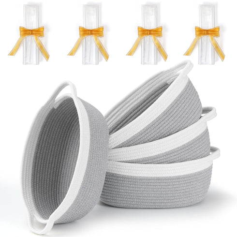 4 Pack Small Woven Basket with Handles, Cotton Rope Shelf Storage Basket, Cute Baby Gift Basket for Nursery Bedroom -