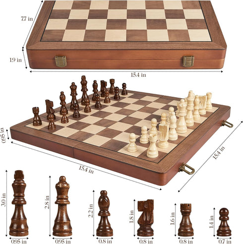15" Set ELONGDI Wooden Chess with Magnetic Pieces - Extra Queens - Folding Chessboard Portable Travel Tournament Chess