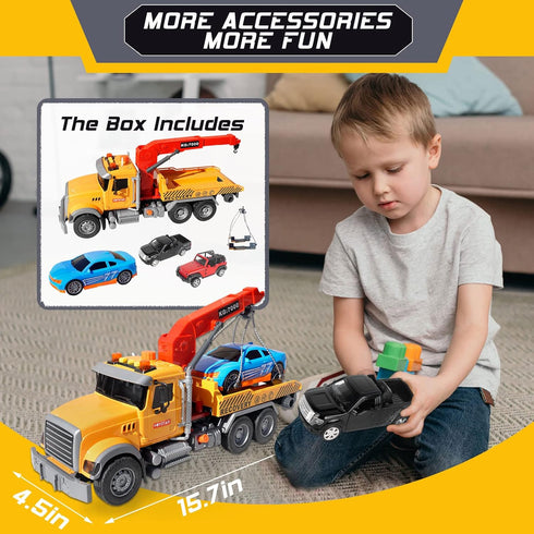 15" Big Truck Toys Set, Include Tow Truck, Racing Car, Metal Off-Road Car, Traffic Signs, Sound and Lights