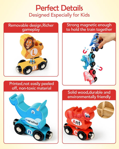 Helsort Set 3-5, Wooden Alphabet Train for Toddlers Magnetic ABC Train with Snap-Connection, Animal-Themed Educational