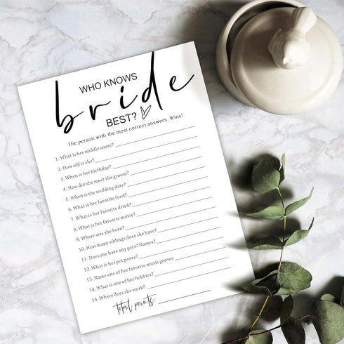 White Theme Bridal Shower Games - 25 Guests, Who Knows Bride Best, Wedding Advice Cards for Reception