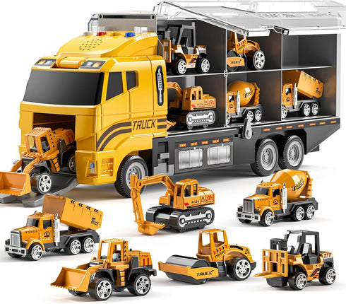 TEMI Toddler Toys for 3-6 Years Old Boys, Die-cast Construction Car Carrier Vehicle Toy Set with Play Mat