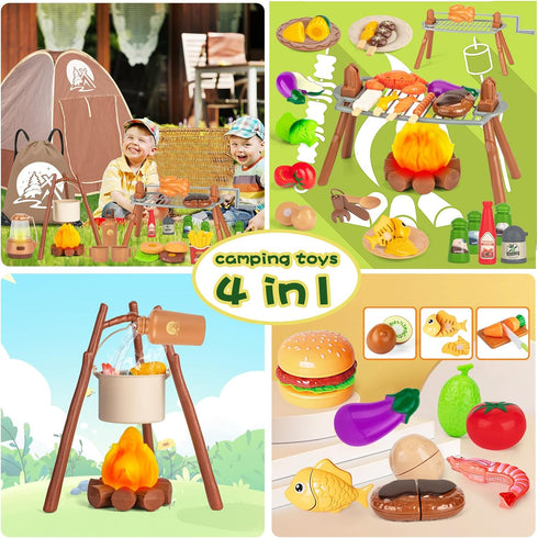 80PCS Kids Camping Toys Set - Play Tent Campfire Toys, Toy BBQ Grill Set, Pretend Cutting Play Food for Kids