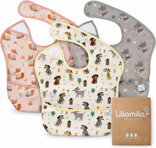 Lillomilo Waterproof Baby Bibs for Eating 3-Pack | Toddler Bibs with Food Catcher