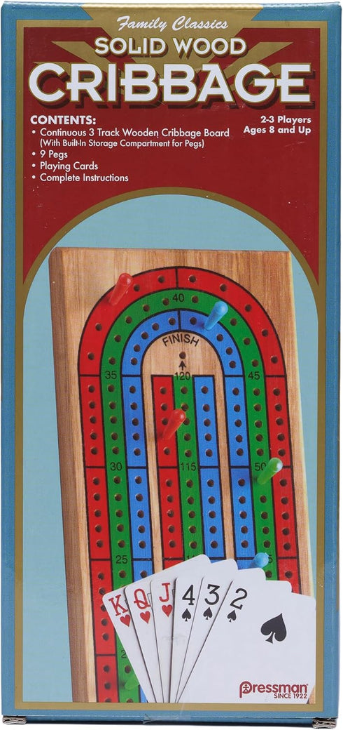 Family Classics Cribbage - Solid Wood Continuous 3 Track Board with Built-In Storage for Pegs